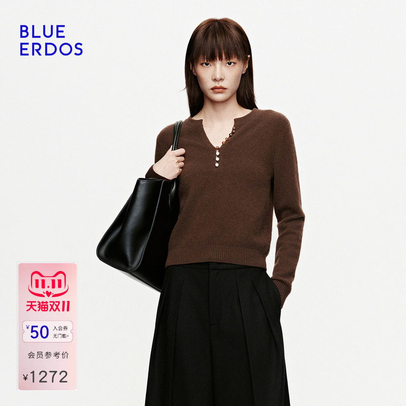 BLUE ERDOS2026秋冬新品长袖针织衫山羊绒混纺简约松弛V领上衣女