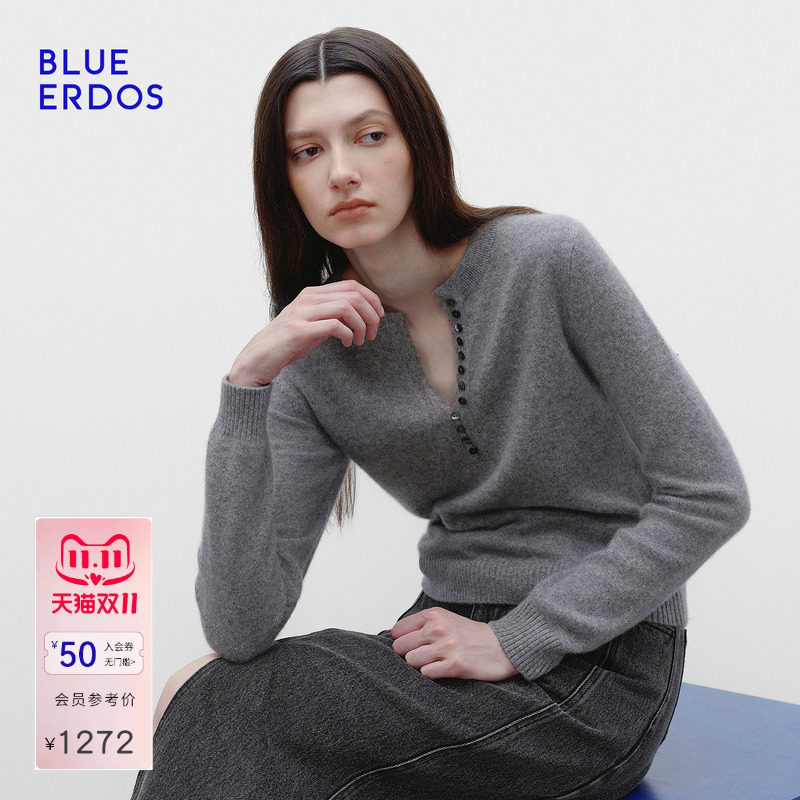 BLUE ERDOS2026秋冬新品简约通勤山羊绒混纺波浪V领长袖针织套衫