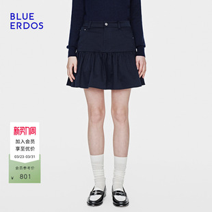 ERDOS26早春新品 BLUE 复古学院风棉质混纺荷叶边短裙 明星同款