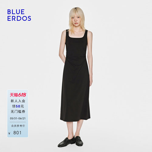 BLUE ERDOS26夏季新品休闲百搭背心式收腰褶皱显瘦连衣裙女