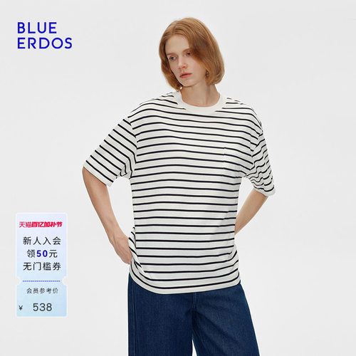 BLUE ERDOS 夏季舒适全棉宽松航海风条纹短袖T恤B555H1001