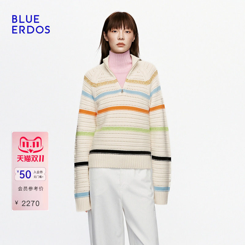 BLUE ERDOS2026秋冬新品镂空针织衫复古松弛山羊绒混纺翻领上衣女