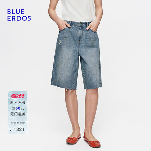 【100%棉】BLUE ERDOS2026秋冬新品都市通勤做旧毛边直筒牛仔短裤