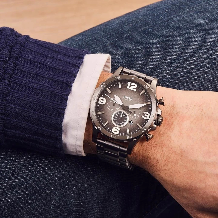 代购fossil化石男表nate不锈钢大表盘时尚烟雾灰男士个性手表