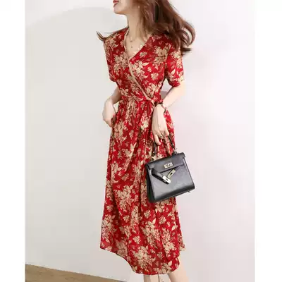 Malcenl klon flower print Platycodon dress 2021 New V collar show slim long version long sleeve chiffon skirt