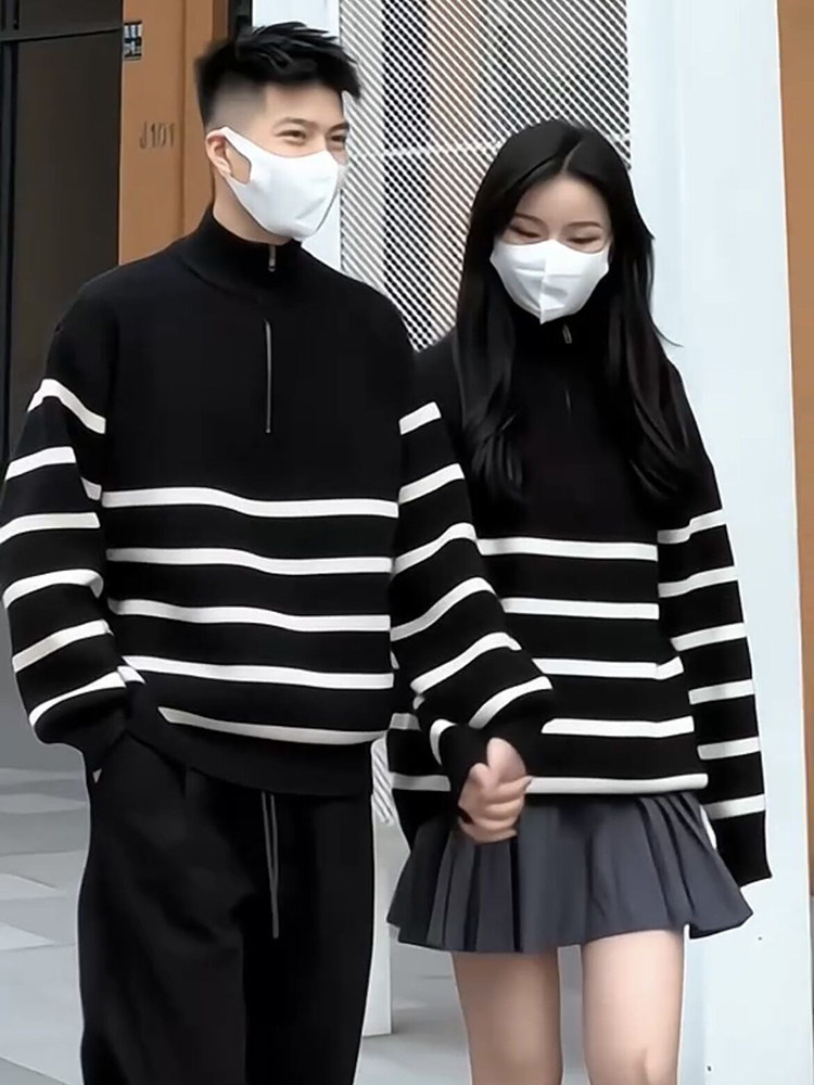 하프 지퍼 스트라이프 스웨터 남성 스탠드 칼라 가을 겨울 새로운 스타일 게으른 하이 엔드 느슨한 풀오버 바닥 스웨터 재킷