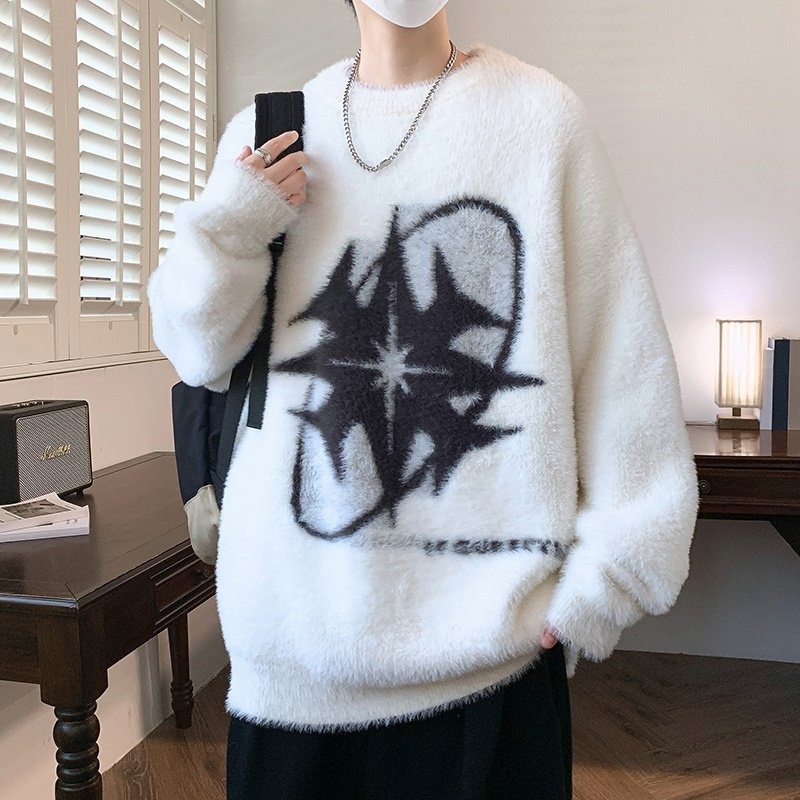 潮牌八芒星水貂绒毛衣男秋冬季加绒慵懒风线衣青年宽松圆领打底衫