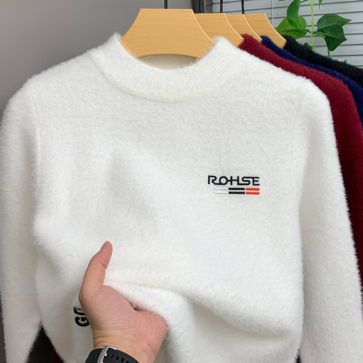 潮牌半高领水貂绒毛衣男冬季加绒加厚针织打底衫青年修身保暖线衣