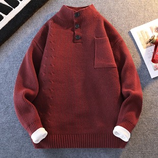立领毛衣男款冬季半高领针织衫男加厚毛线衣潮牌青年休闲宽松外套