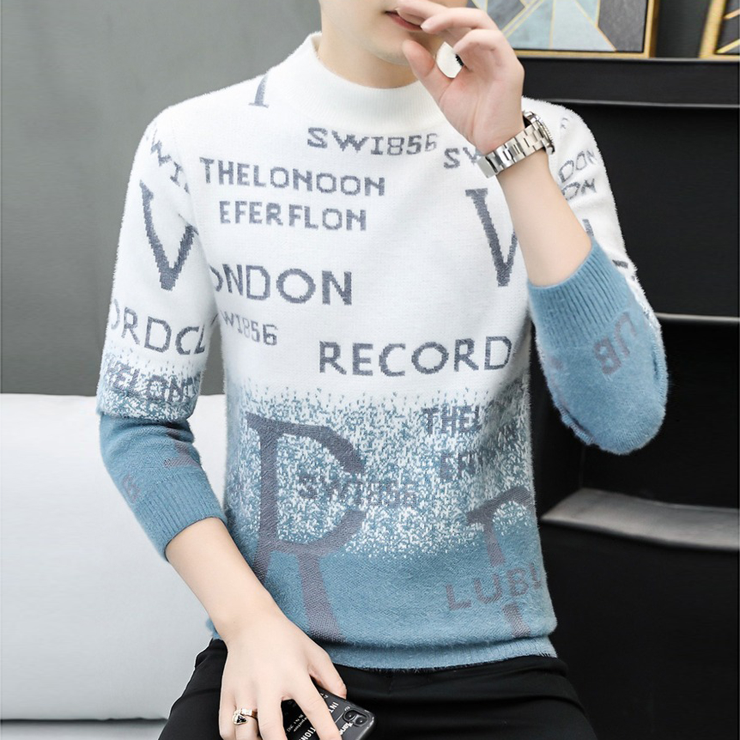 秋冬季软糯水貂绒毛衣男厚打底衫