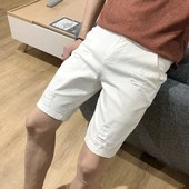 韩版 男弹力破洞五分裤 修身 潮大码 夏季 休闲马裤 白色牛仔短裤