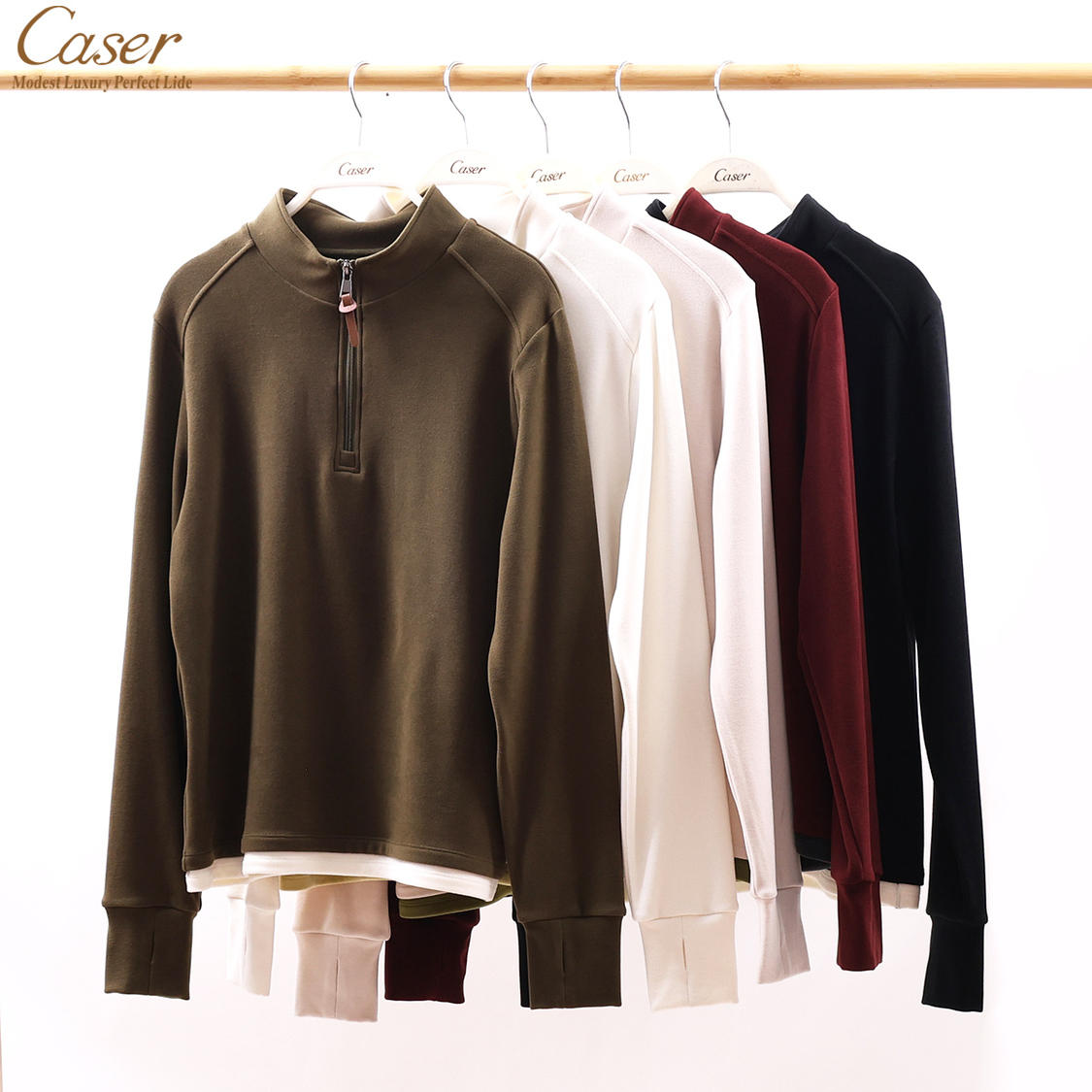 凯撒caser女士加厚暖姜绒撞色立领拉链上衣保暖打底衫冬BJ53-5567