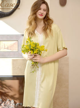 caser凯撒新款春夏季女士罗纹V领蕾丝家居睡裙长款睡衣BP01-6881