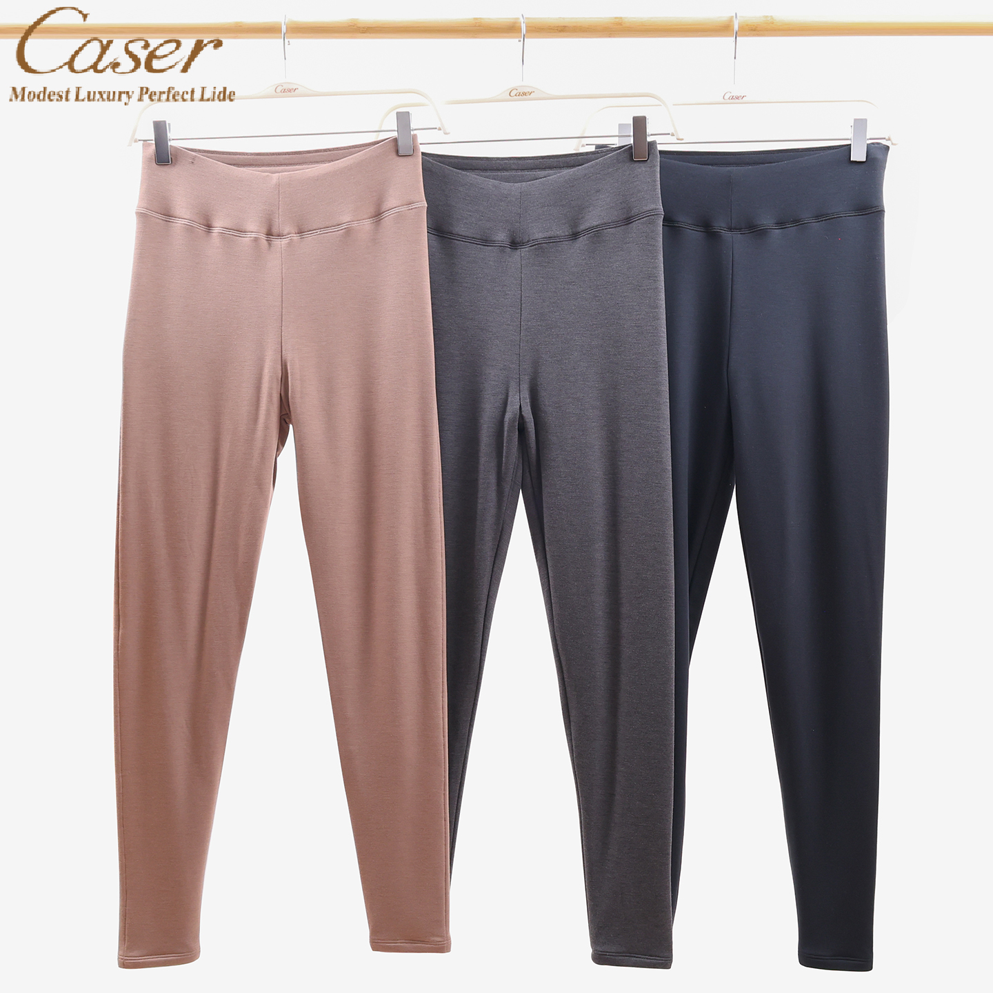 caser凯撒女士80支丝光咖啡绒双层保暖长裤高腰打底棉裤BN62-5106