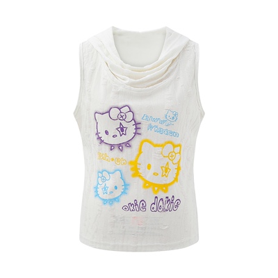 可是贝丽y2k废土风猫咪连帽背心t恤衫女夏季修身破洞辣妹上衣女潮