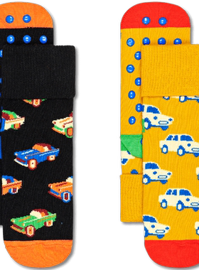Happy Socks个性童袜秋季款车队出动防滑时尚颗粒棉袜中筒袜2双装