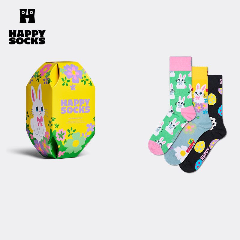 【2026新款3双装礼盒】Happy Socks潮牌兔子图案创意送礼中筒袜子