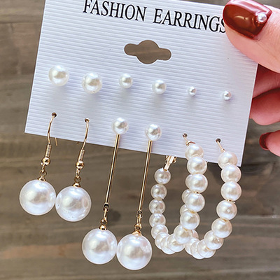 Women's long tassel pearl earrings three piece set珍珠耳环