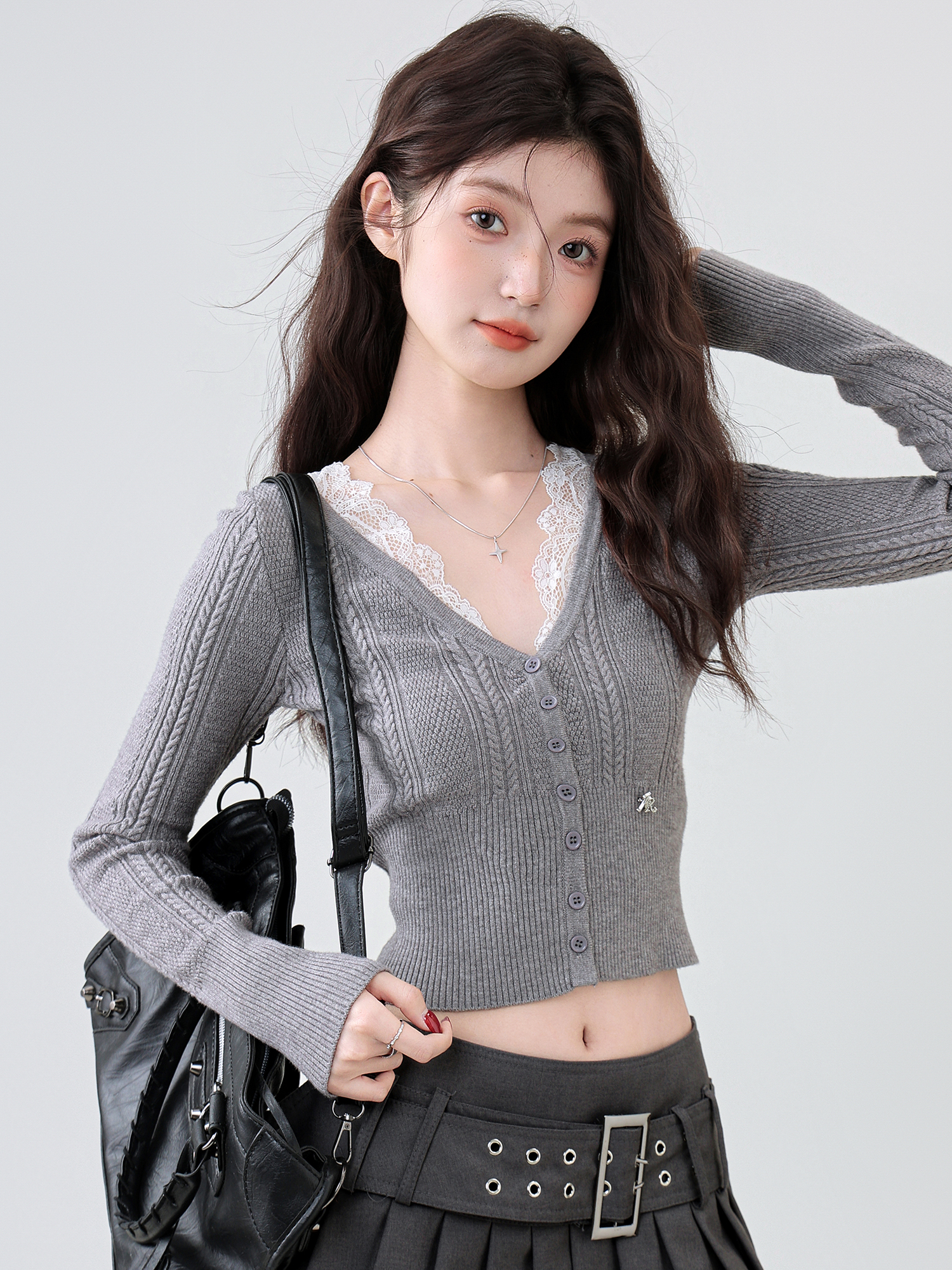 2025春秋新款美式复古蕾丝拼接长袖针织衫女修身显瘦辣妹短款上衣