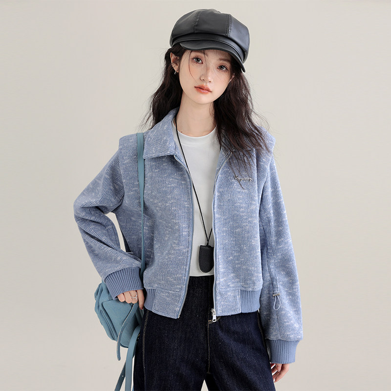 帛卡琪2024秋季新款小香风翻领短外套女宽松气质夹克拉链开衫上衣