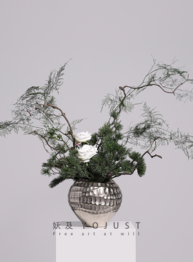 妖及 新中式金属银色锤纹绿色系花艺 样板间售楼处玄关酒店摆件