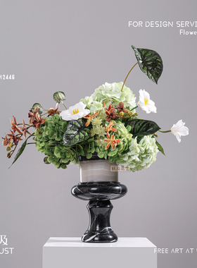 妖及 现代天然洞石大理石花器绿色绣球仿真花 样板间酒店客厅摆件