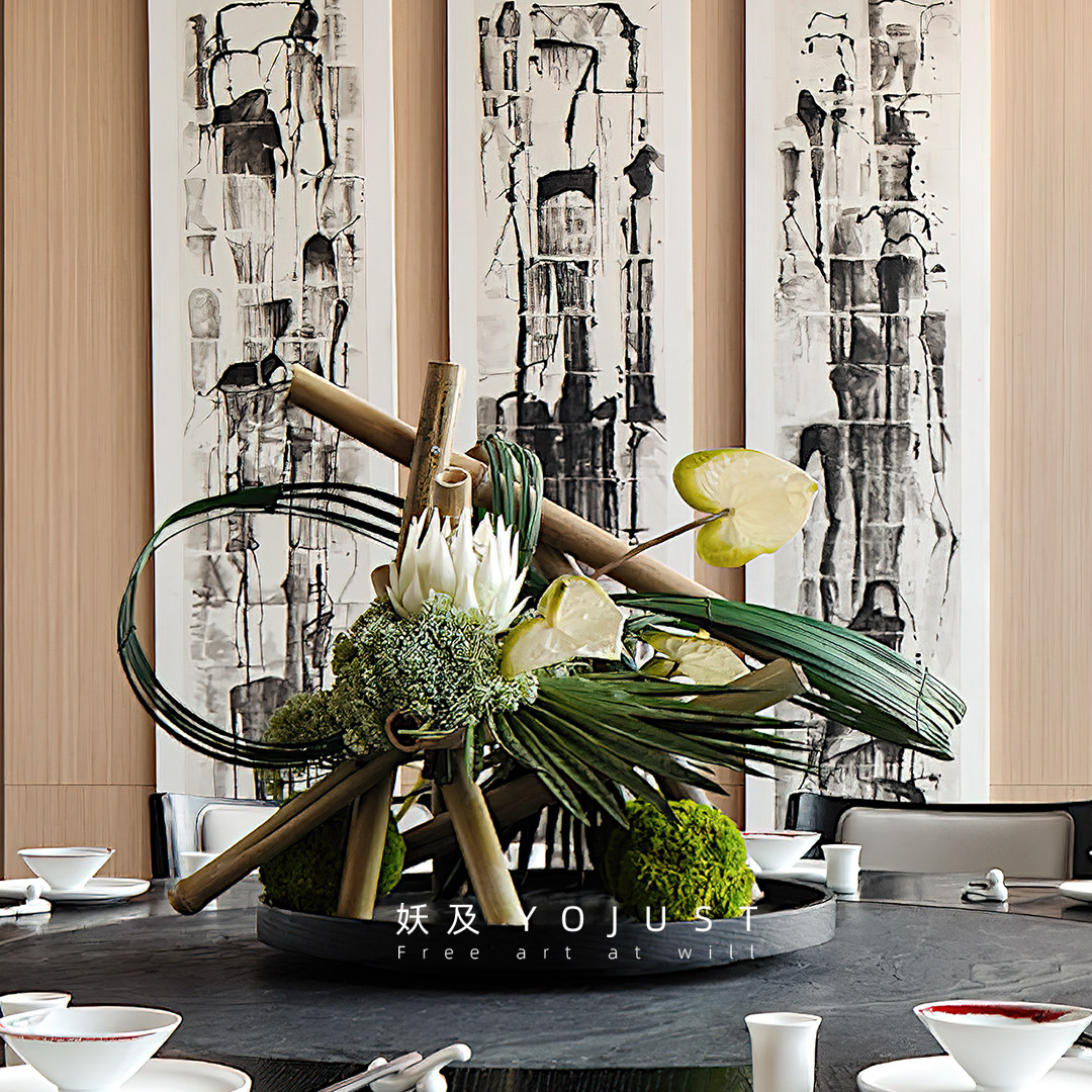 妖及 新中式轻奢仿真花几何桌面花艺 样板间酒店餐厅玄关创意摆件,家居饰品,花瓶,淘宝优惠券,粉丝福利购,淘宝优惠卷