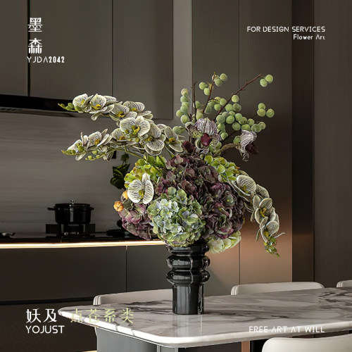 妖及 现代轻奢大理石花器仿真花艺【墨森】样板间会所家居摆件
