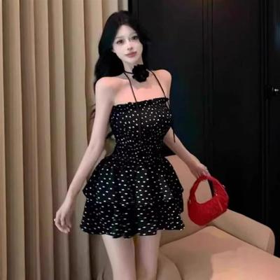 夏季露背感纯欲风黑色波点抹胸连衣裙蓬蓬蛋糕裙收腰显瘦短裙子
