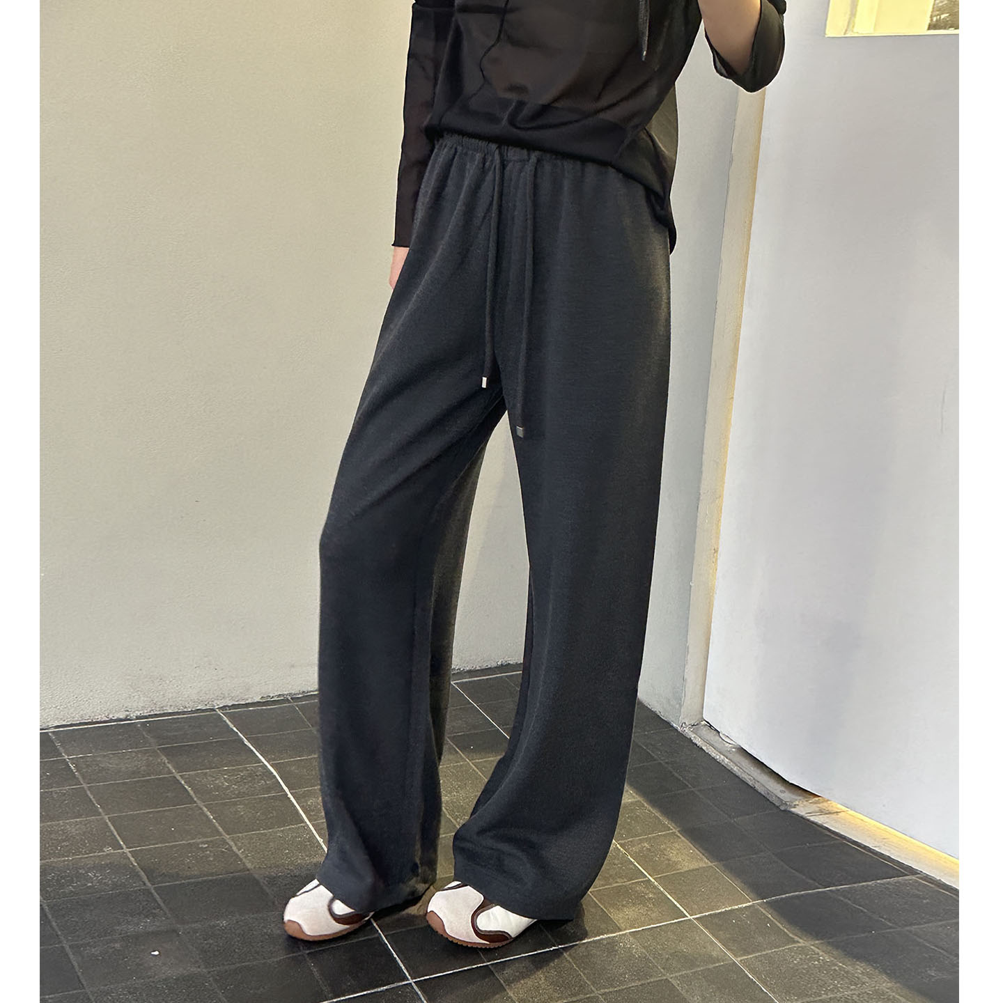 高腰抽绳阔腿裤女宽松垂感针织休闲长裤慵懒松弛风显瘦