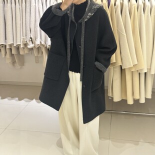 连帽针织帽慵懒宽松显瘦女装外套温柔系小个子中长款双面羊毛大衣