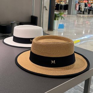帽子女夏天出游沙滩帽海边遮阳防晒太阳草帽平顶英伦高品质M礼帽