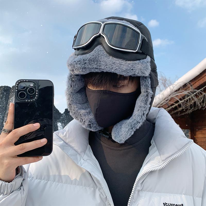 飞行帽男东北防寒雷锋帽秋冬季加厚保暖护耳帽子女骑车防风三件套