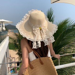 大檐蕾丝蝴蝶草帽女夏小清新复古文艺系带防晒遮阳帽子公主沙滩帽