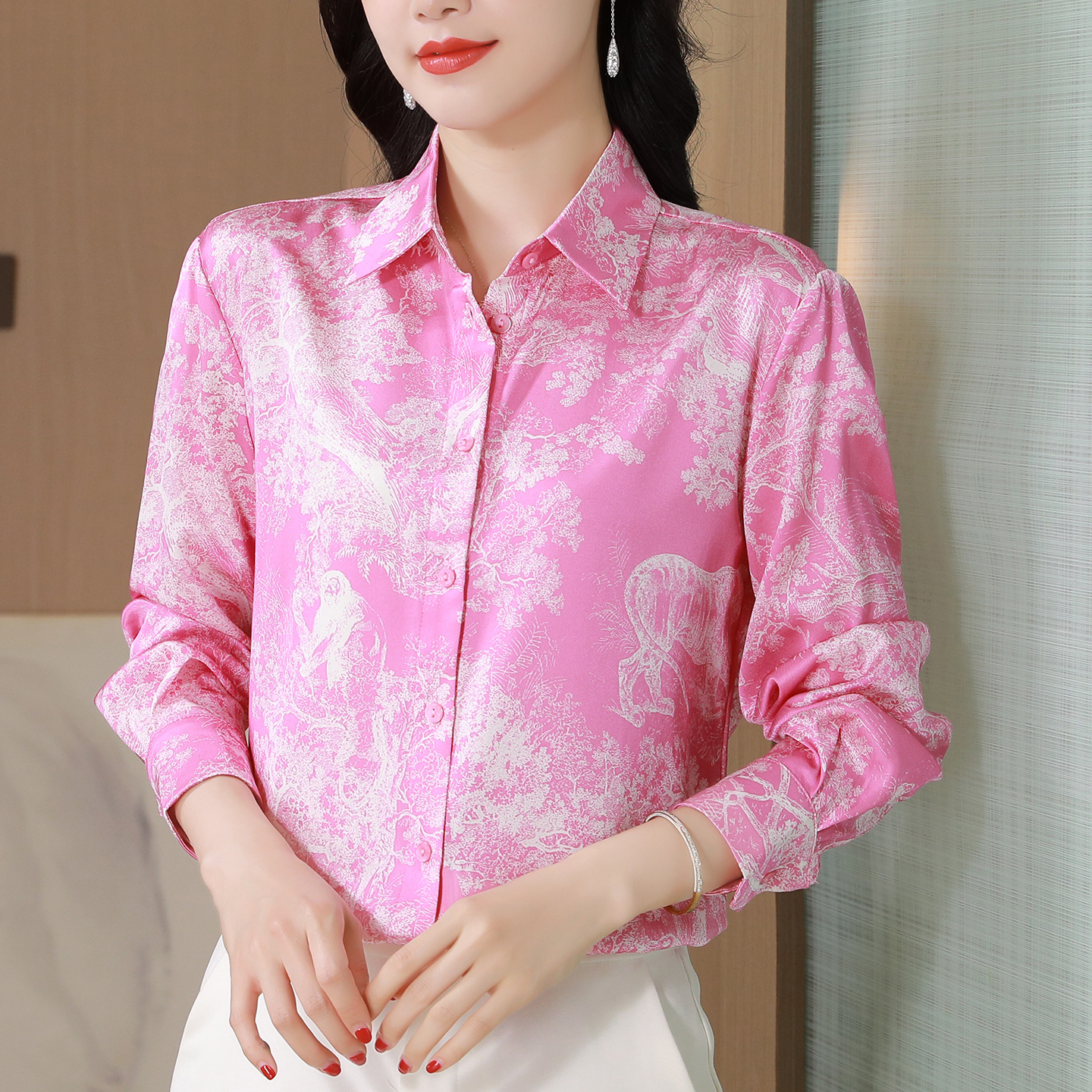 ROUMIKL高级感时尚印花长袖衬衫女秋装气质休闲衬衣减龄洋气妈妈