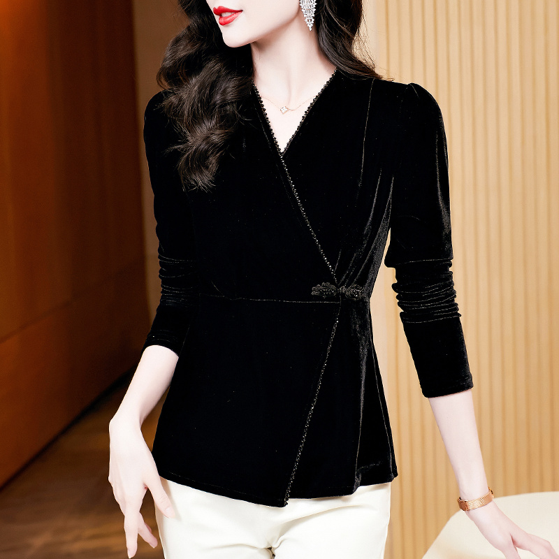 中式国风打底衫女长袖装2025年新款气质收腰小衫洋派金丝绒1208w