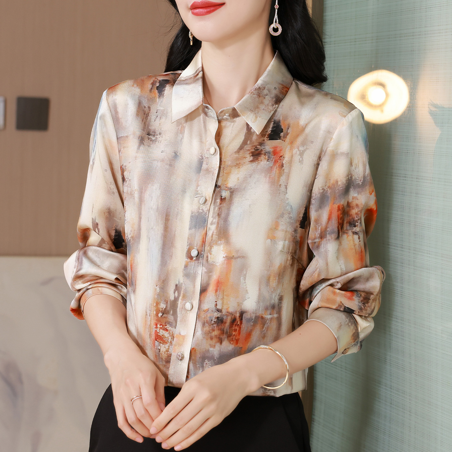 ROUMIKL设计感小众时尚印花长袖衬衫女春秋气质休闲衬衣别致洋气