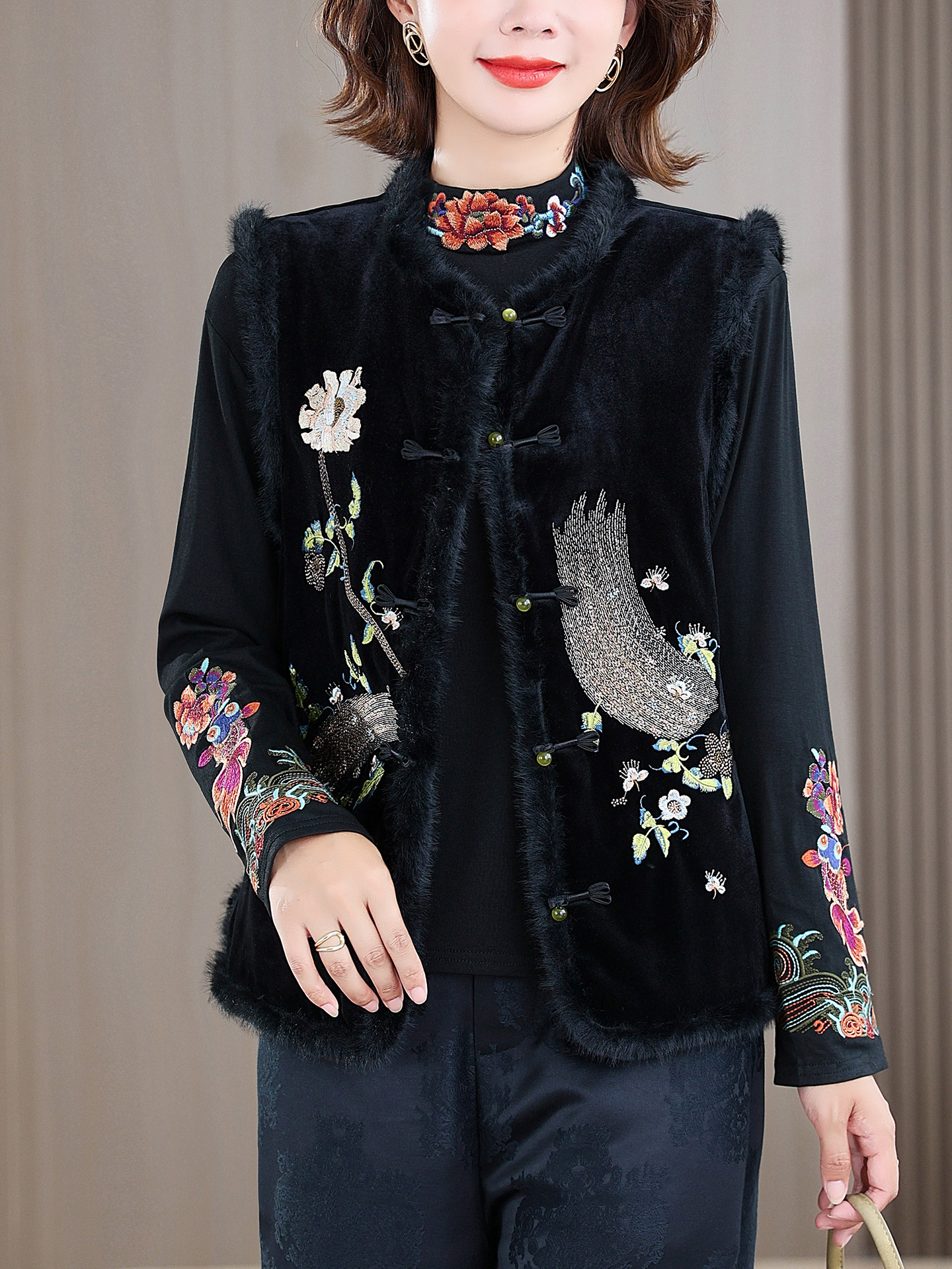 ROUMIKL中式刺绣丝绒马甲背心女士秋冬夹加厚保暖坎肩马夹妈妈无