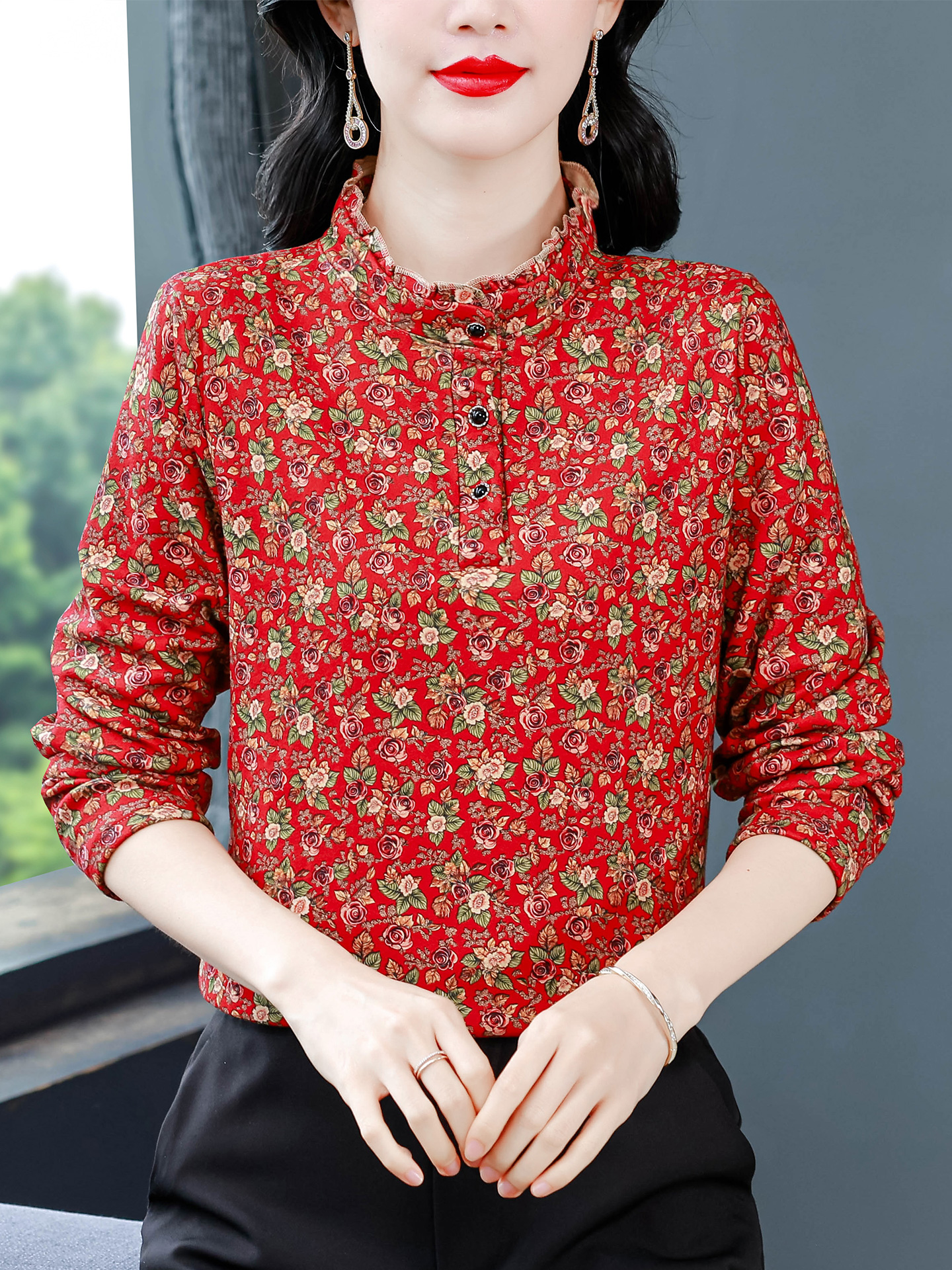 ROUMIKL洋气碎花立领加绒加厚打底衫女秋冬内搭保暖小衫气质显瘦