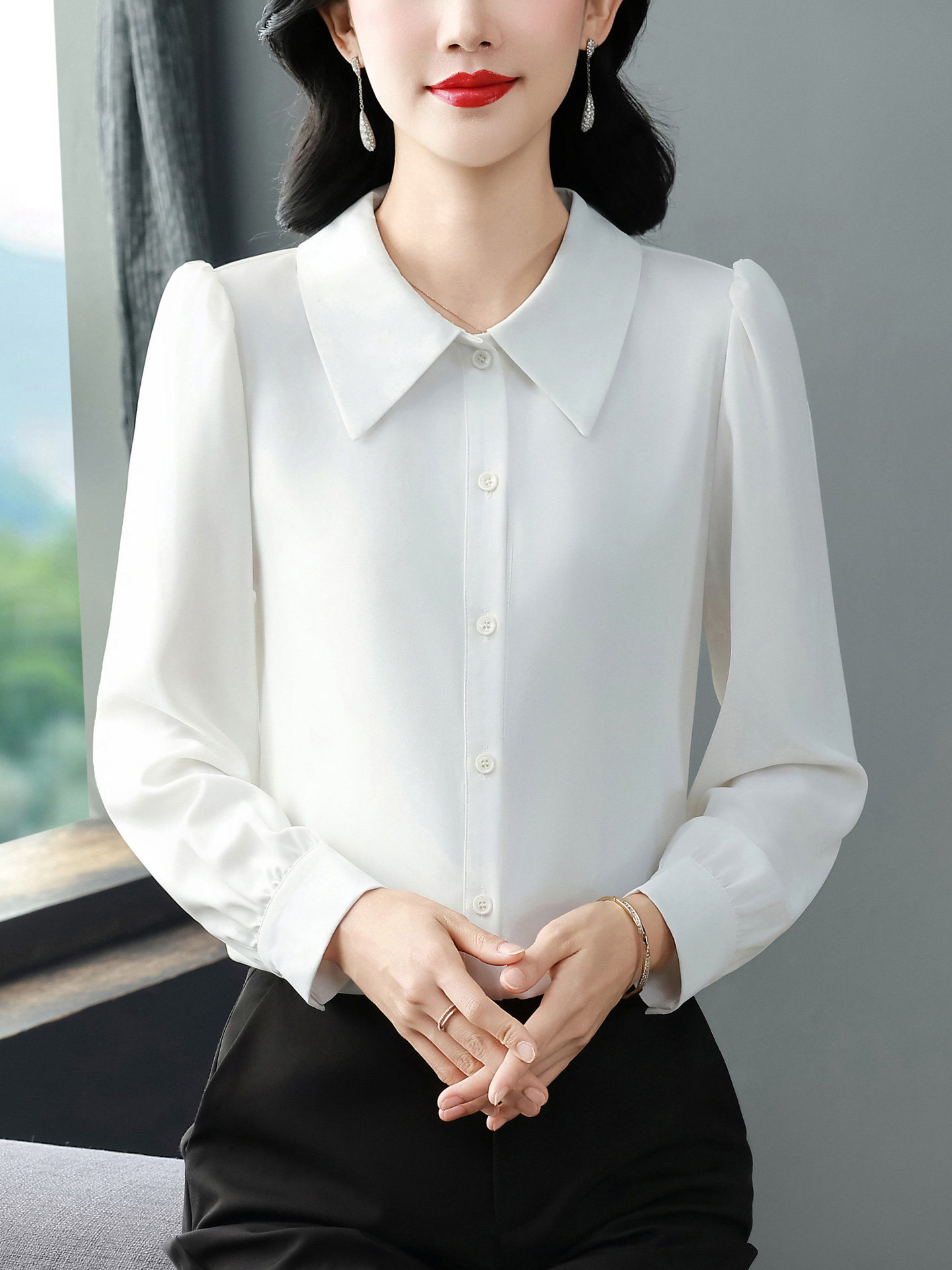 JOYIASS时尚休闲长袖雪纺衬衫女士春秋百搭气质通勤衬衣显瘦职业