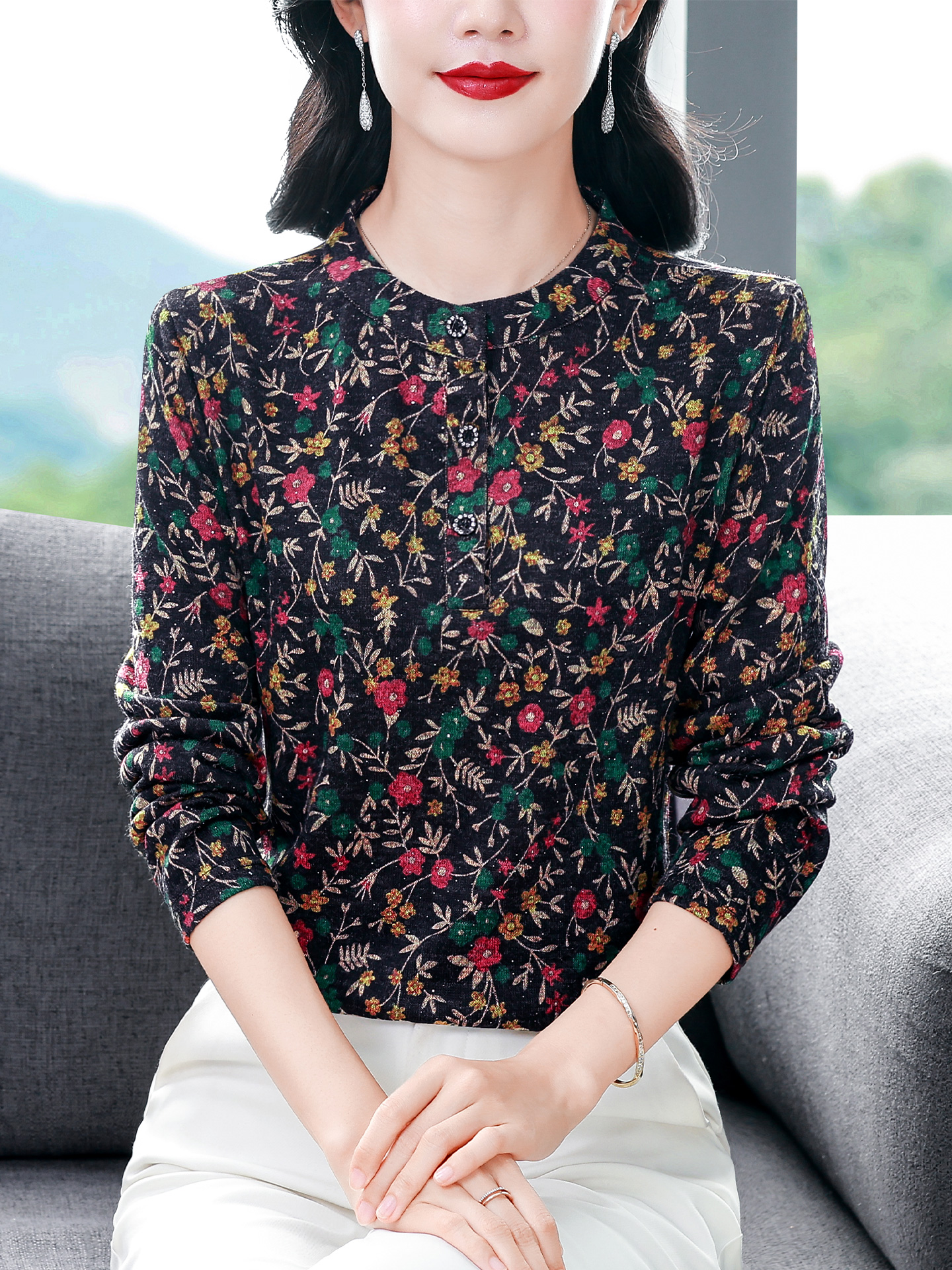 ROUMIKL时髦洋气碎花立领长袖T恤女秋冬内搭外穿打底衫百搭显瘦妈