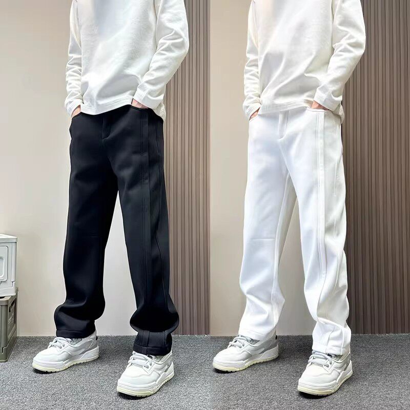 白色休闲裤男款秋冬季加绒宽松直筒卫裤美式设计感拼接显瘦运动裤