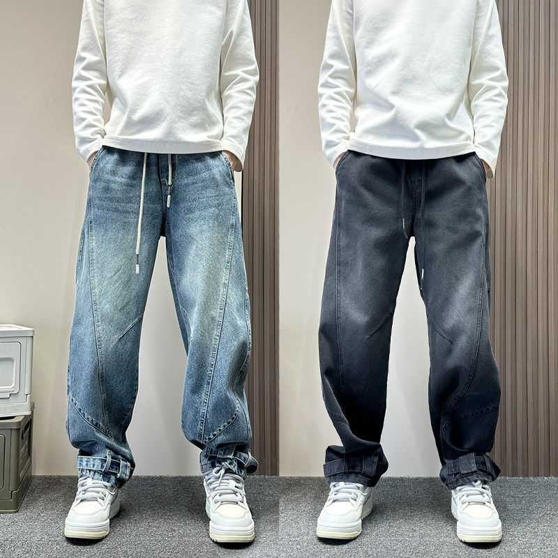 美式复古vibe水洗弯刀牛仔裤男款秋冬季宽松阔腿休闲直筒潮牌长裤