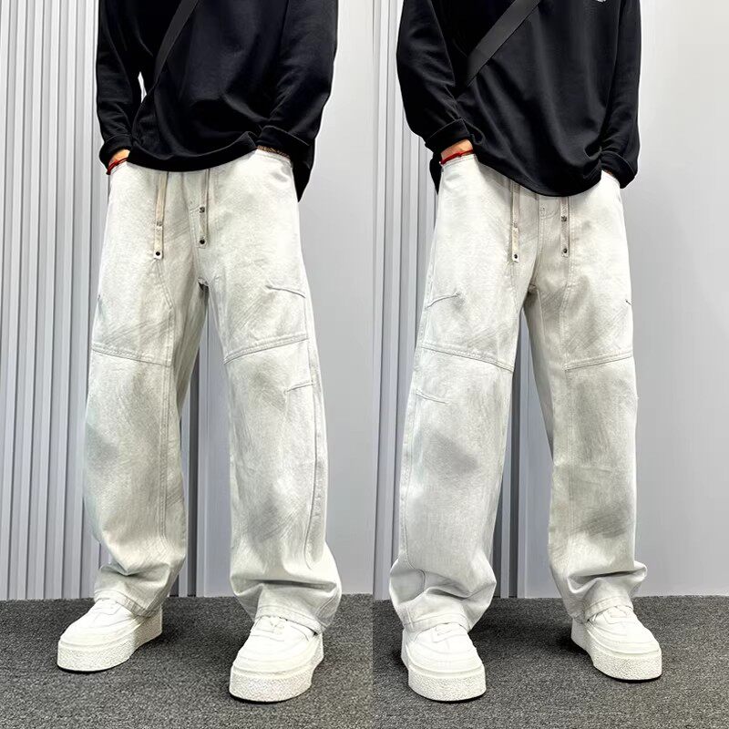 设计感立体拼接水洗牛仔裤男秋冬款宽松直筒裤美式高街阔腿弯刀裤