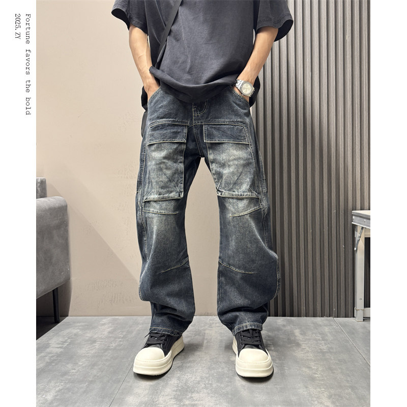 美式复古设计感工装牛仔裤男秋冬新款潮牌痞帅直筒裤大口袋阔腿裤