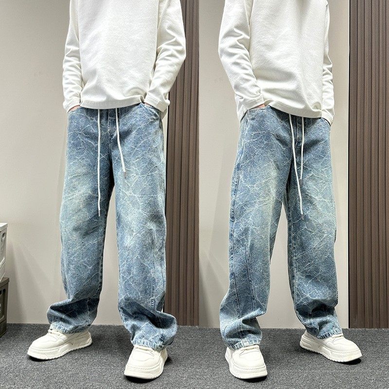 美式潮牌闪电纹水洗蓝色牛仔裤男款春秋季宽松直筒休闲裤百搭男裤