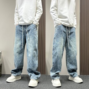 美式潮牌闪电纹水洗蓝色牛仔裤男款春秋季宽松直筒休闲裤百搭男裤