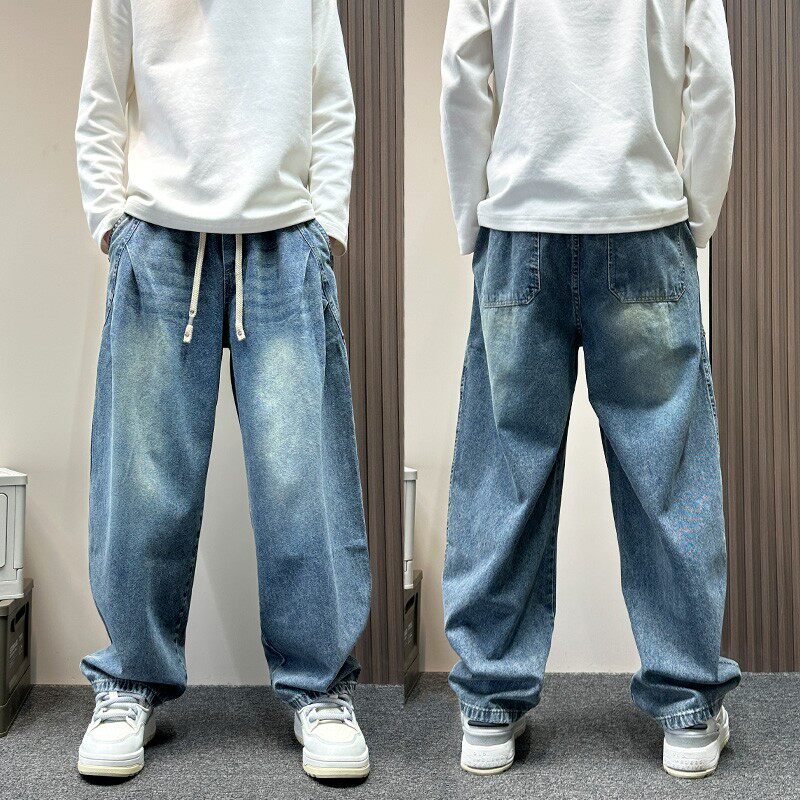 美式潮牌阔腿弯刀牛仔裤男款春秋季宽松直筒裤痞帅松紧腰休闲长裤