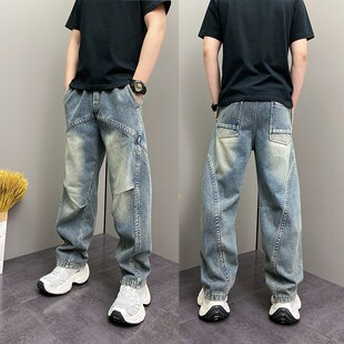 美式加绒水洗拼接弯刀牛仔裤男2026冬季新款小众痞帅直筒休闲长裤