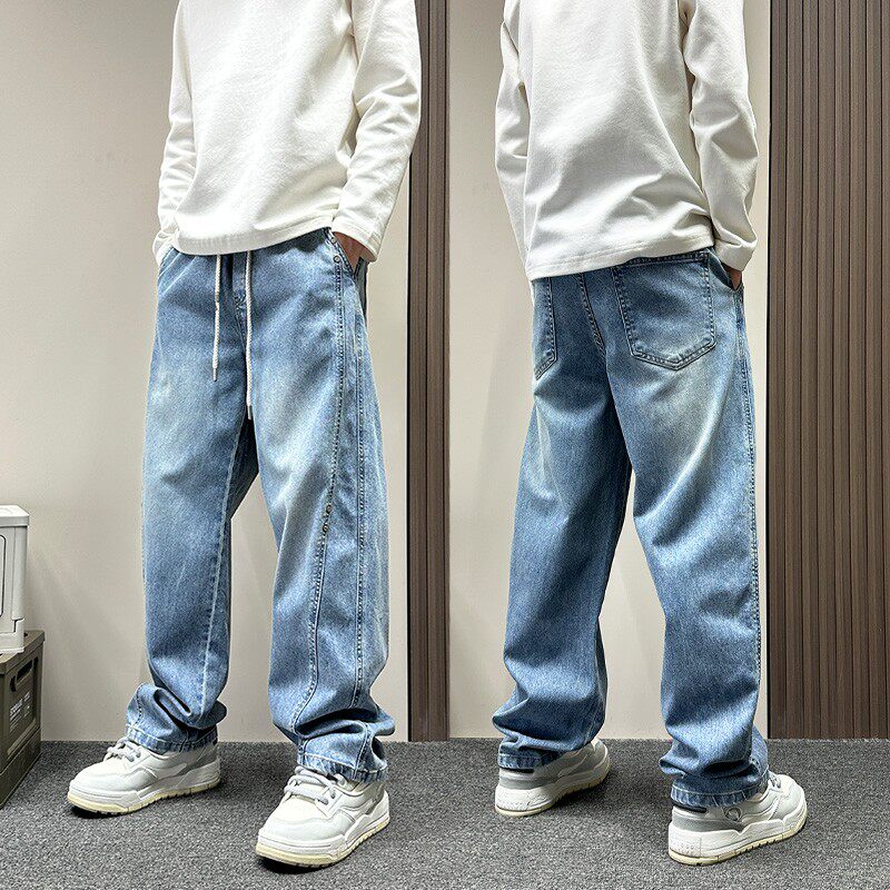 2026春秋新款蓝色水洗弯刀牛仔裤男款美式潮牌拼接宽松直筒休闲裤